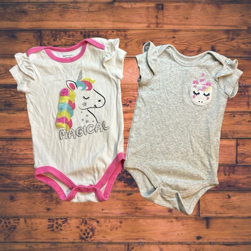 5 for $25🔥6-9 Months Member's Mark Bundle of 2 Unicorn Snap Bottom Tops‎